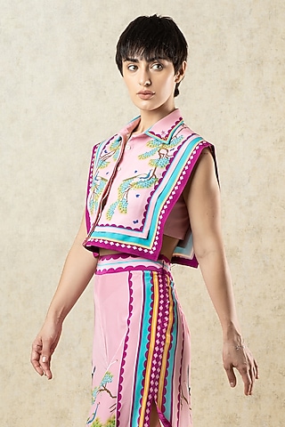 Pink Crepe Printed Statement Crop Top by Limerick By Abirr N' Nanki