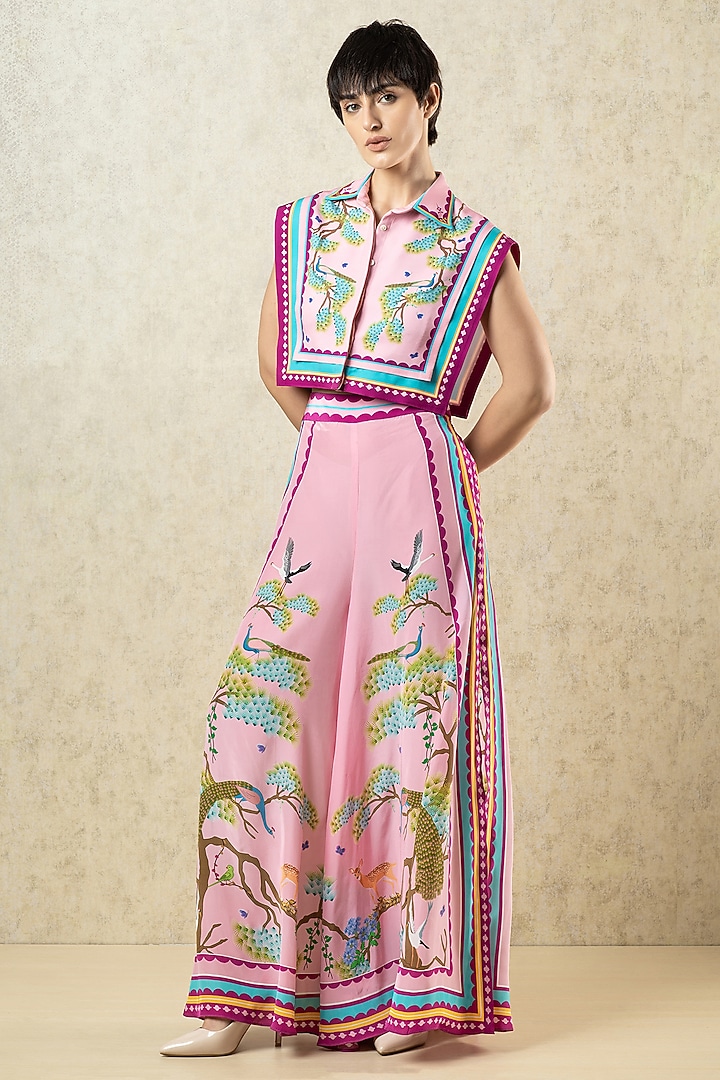 Pink Crepe Printed Statement Crop Top by Limerick By Abirr N' Nanki at Pernia's Pop Up Shop