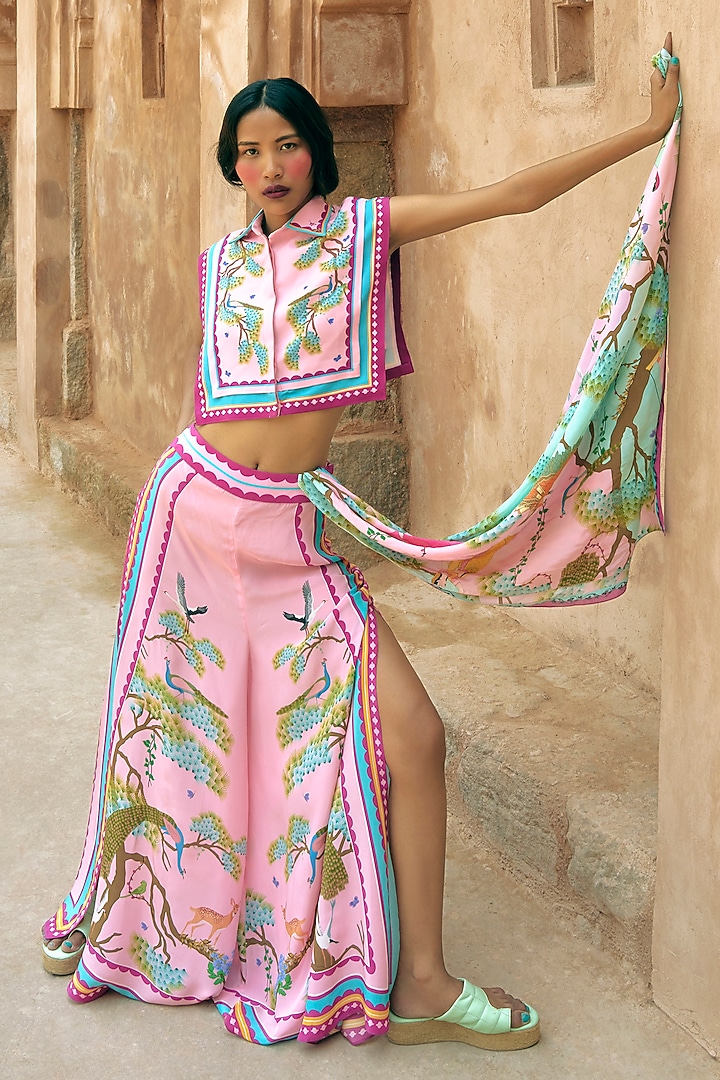Pink Crepe Printed Statement Crop Top by Limerick By Abirr N' Nanki at Pernia's Pop Up Shop