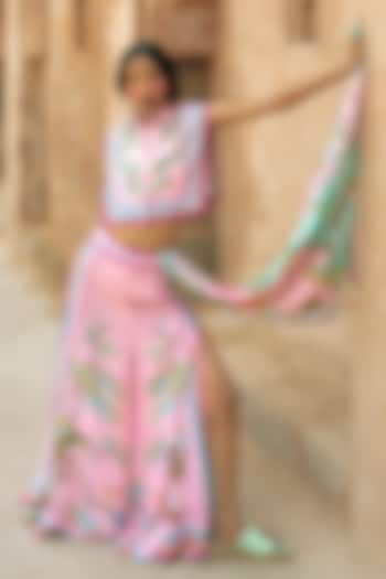 Pink Crepe Printed Flared Pants by Limerick By Abirr N' Nanki at Pernia's Pop Up Shop