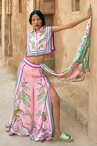 Pink Crepe Printed Flared Pants by Limerick By Abirr N' Nanki