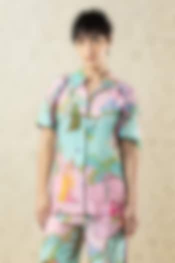 Lilac Pink & Mint Crepe Printed Statement Shirt by Limerick By Abirr N' Nanki at Pernia's Pop Up Shop