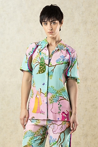 Lilac Pink & Mint Crepe Printed Statement Shirt by Limerick By Abirr N' Nanki