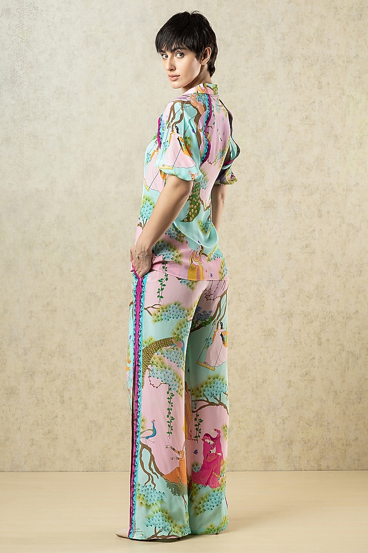 Lilac Pink & Mint Crepe Printed Statement Shirt by Limerick By Abirr N' Nanki at Pernia's Pop Up Shop