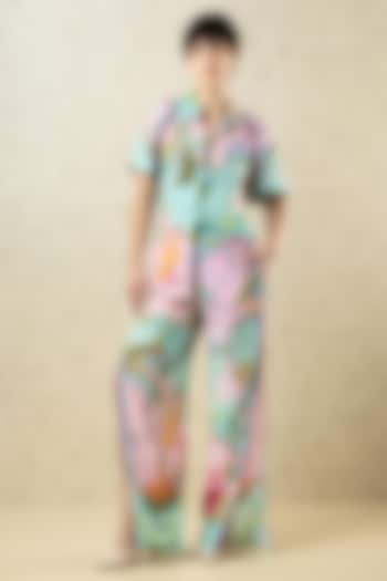 Mint & Lilac Pink Crepe Printed Flared Pants by Limerick By Abirr N' Nanki at Pernia's Pop Up Shop