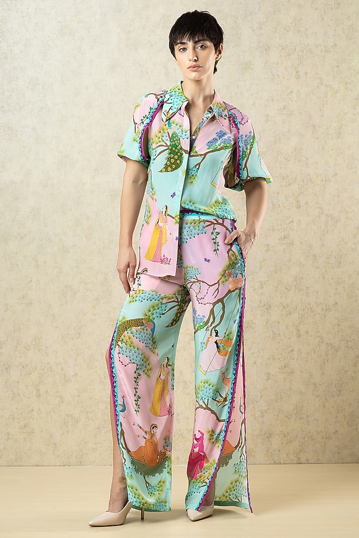Mint & Lilac Pink Crepe Printed Flared Pants by Limerick By Abirr N' Nanki at Pernia's Pop Up Shop