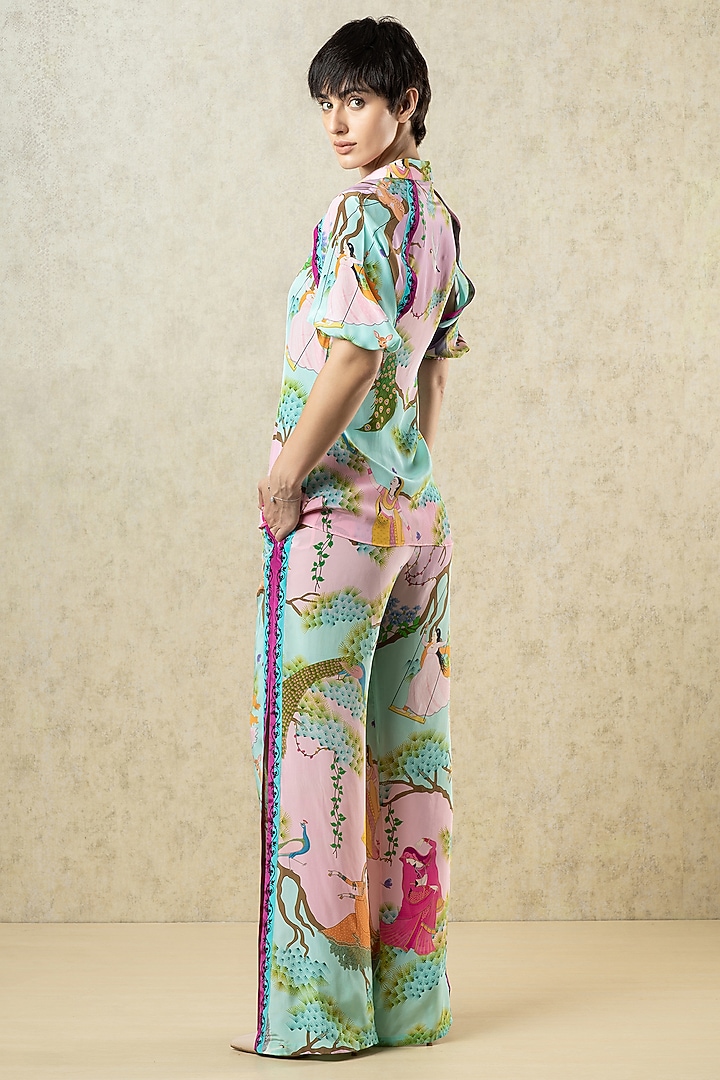 Mint & Lilac Pink Crepe Printed Flared Pants by Limerick By Abirr N' Nanki at Pernia's Pop Up Shop