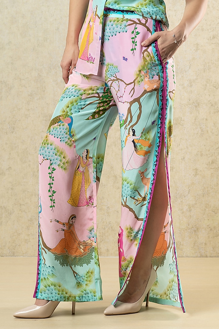 Mint & Lilac Pink Crepe Printed Flared Pants by Limerick By Abirr N' Nanki at Pernia's Pop Up Shop