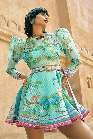 Mint Stripe Textured Organza Printed Dress by Limerick By Abirr N' Nanki