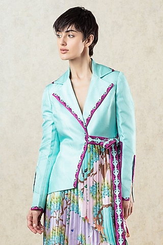 Mint Scalloped Textured Satin Jacket by Limerick By Abirr N' Nanki