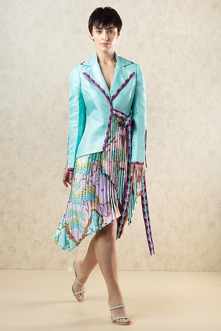 Multi-Coloured Satin Printed Asymmetrical Pleated Skirt by Limerick By Abirr N' Nanki at Pernia's Pop Up Shop