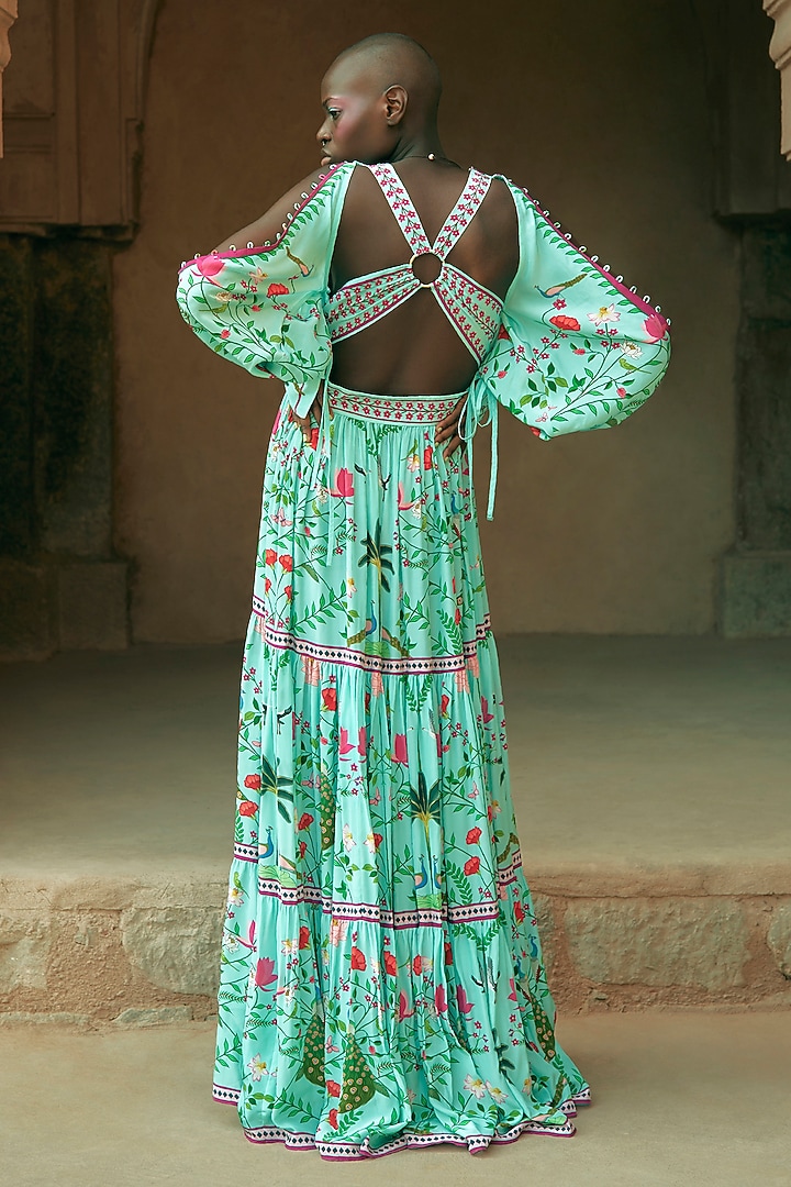 Green Crepe Floral Printed Maxi Vacation Dress by Limerick By Abirr N' Nanki at Pernia's Pop Up Shop