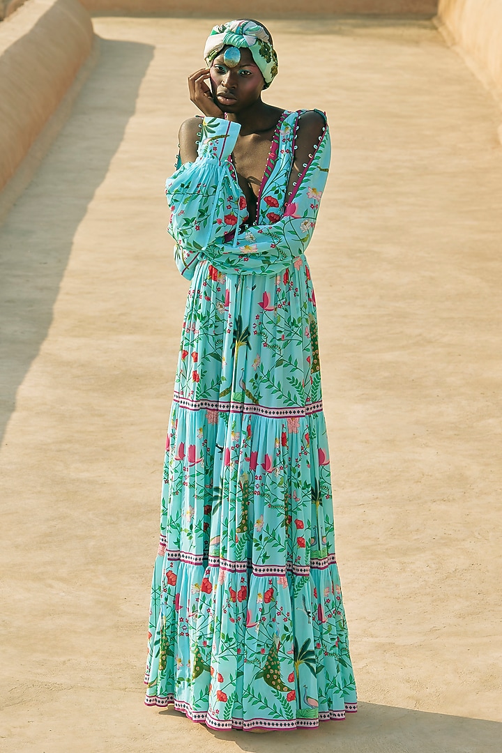 Green Crepe Floral Printed Maxi Vacation Dress by Limerick By Abirr N' Nanki at Pernia's Pop Up Shop