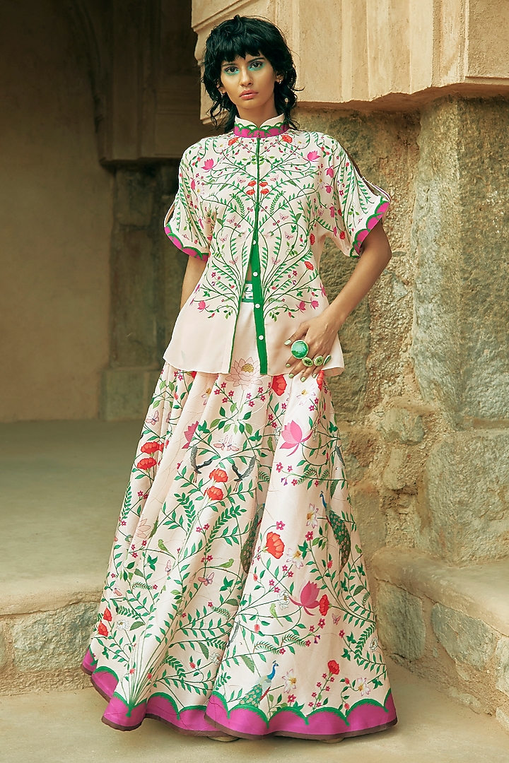 Multi-Coloured Textured Satin Floral Printed Skirt by Limerick By Abirr N' Nanki at Pernia's Pop Up Shop