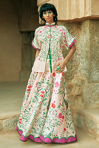 Multi-Coloured Textured Satin Floral Printed Skirt by Limerick By Abirr N' Nanki