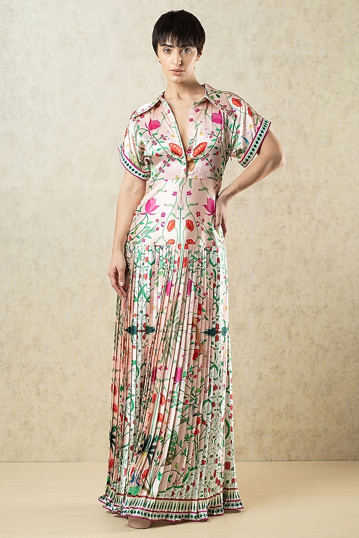 Blush Pink Satin Printed Pleated Vacation Dress by Limerick By Abirr N' Nanki at Pernia's Pop Up Shop