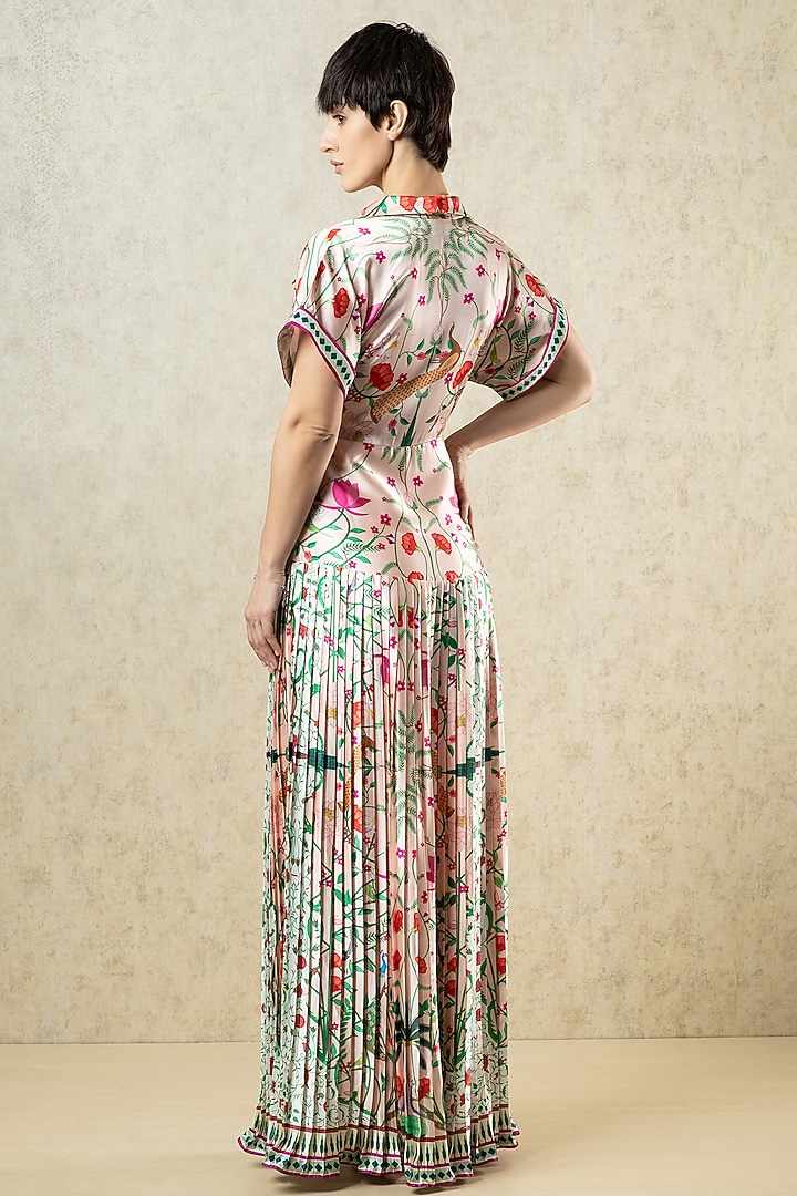 Blush Pink Satin Printed Pleated Vacation Dress by Limerick By Abirr N' Nanki at Pernia's Pop Up Shop