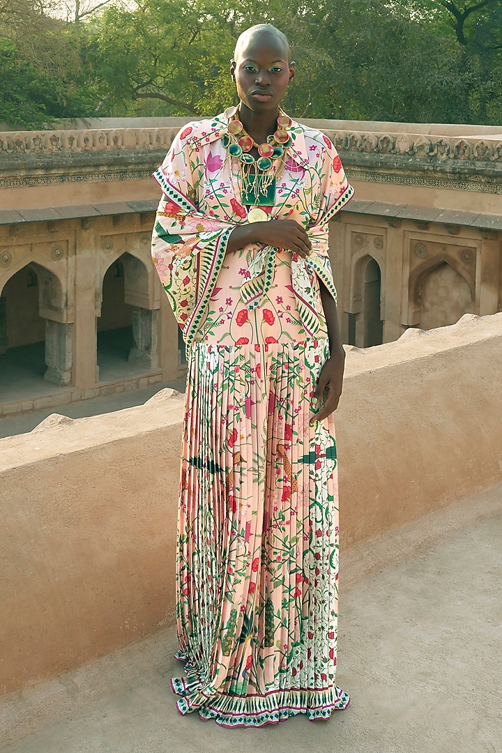 Blush Pink Satin Printed Pleated Vacation Dress by Limerick By Abirr N' Nanki at Pernia's Pop Up Shop