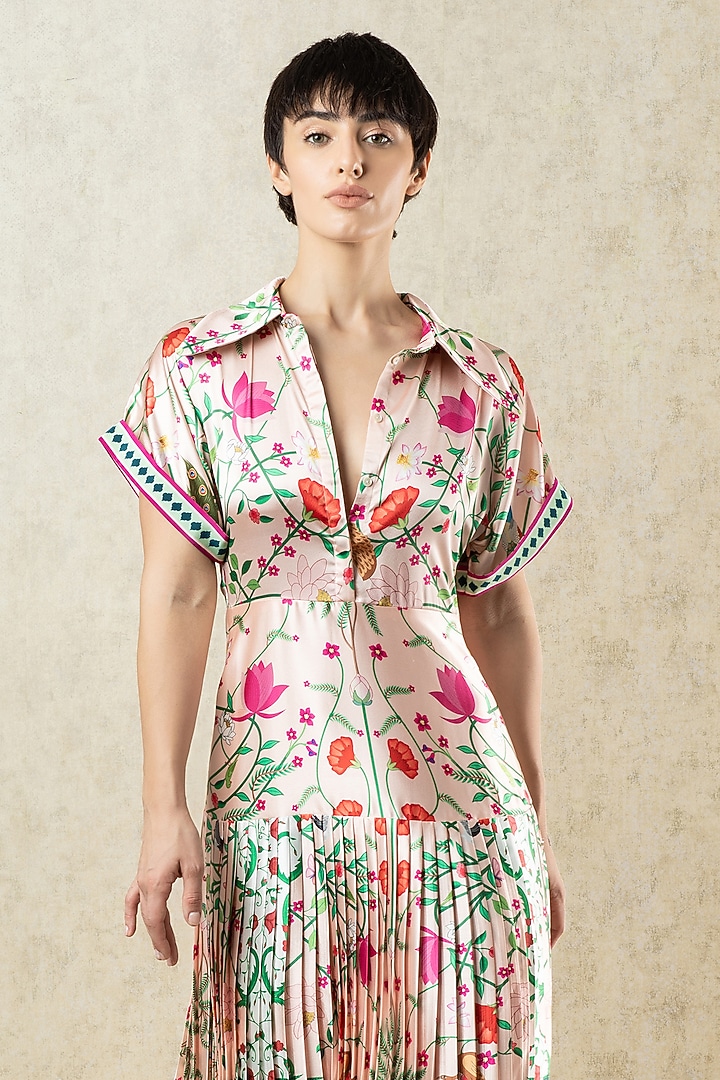 Blush Pink Satin Printed Pleated Vacation Dress by Limerick By Abirr N' Nanki at Pernia's Pop Up Shop