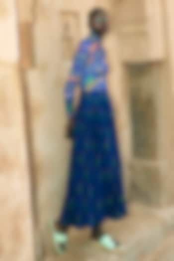 Navy Georgette Kangra Print Bubble Skirt by Limerick By Abirr N' Nanki at Pernia's Pop Up Shop