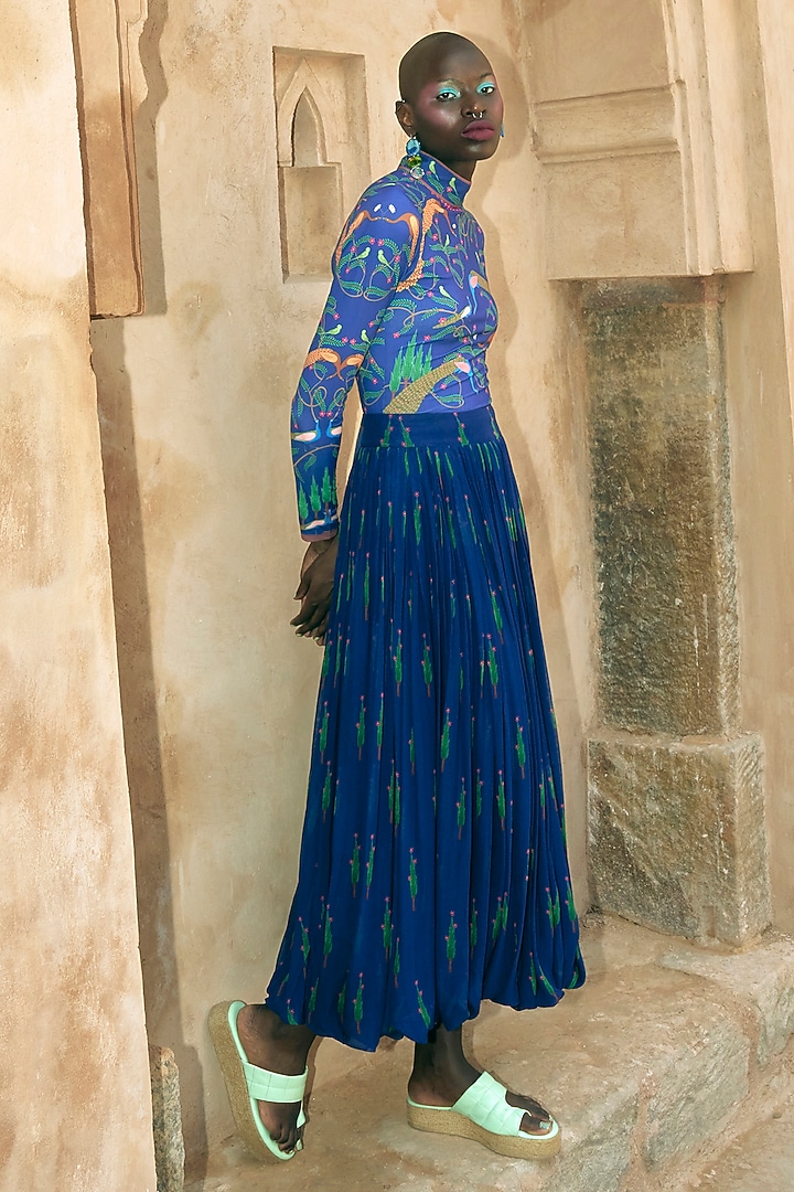 Navy Georgette Kangra Print Bubble Skirt by Limerick By Abirr N' Nanki at Pernia's Pop Up Shop