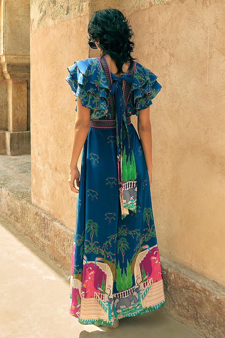 Navy Crepe Kangra Printed Statement Jumpsuit by Limerick By Abirr N' Nanki at Pernia's Pop Up Shop