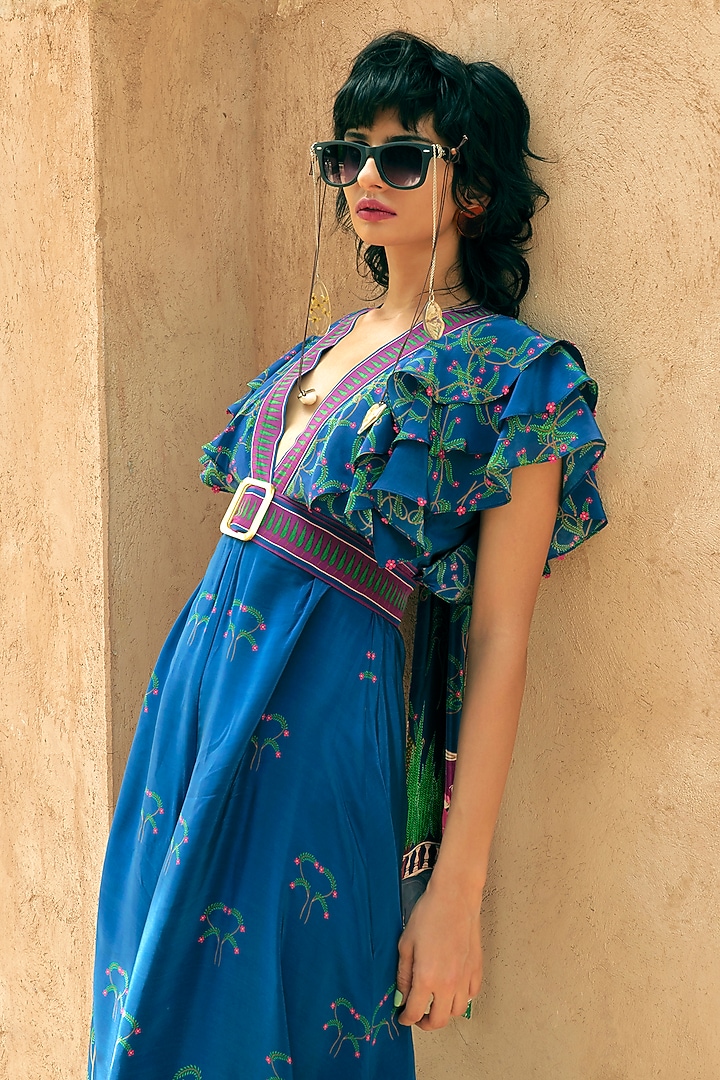 Navy Crepe Kangra Printed Statement Jumpsuit by Limerick By Abirr N' Nanki at Pernia's Pop Up Shop