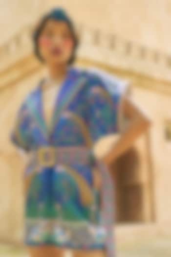 Blue Scallop Textured Satin Printed Playsuit by Limerick By Abirr N' Nanki at Pernia's Pop Up Shop