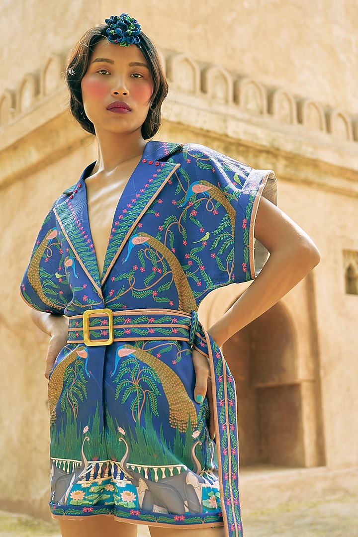 Blue Scallop Textured Satin Printed Playsuit by Limerick By Abirr N' Nanki at Pernia's Pop Up Shop
