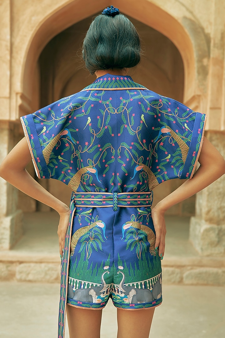 Blue Scallop Textured Satin Printed Playsuit by Limerick By Abirr N' Nanki at Pernia's Pop Up Shop