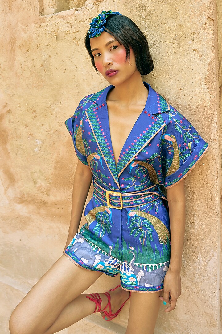 Blue Scallop Textured Satin Printed Playsuit by Limerick By Abirr N' Nanki at Pernia's Pop Up Shop
