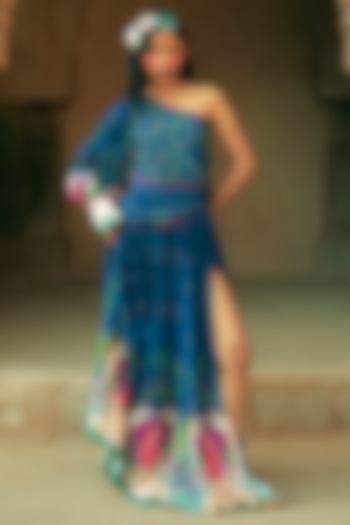 Blue Crepe One-Shoulder Embroidered Maxi Dress by Limerick By Abirr N' Nanki at Pernia's Pop Up Shop