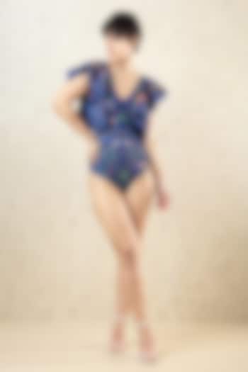 Midnight Blue Polyester & Spandex Printed Monokini by Limerick By Abirr N' Nanki at Pernia's Pop Up Shop