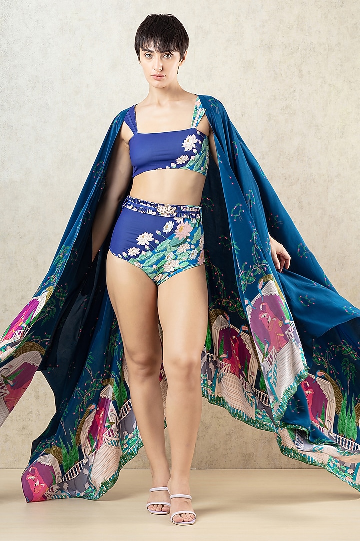 Midnight Blue Polyester & Spandex Printed Bikini Set by Limerick By Abirr N' Nanki at Pernia's Pop Up Shop