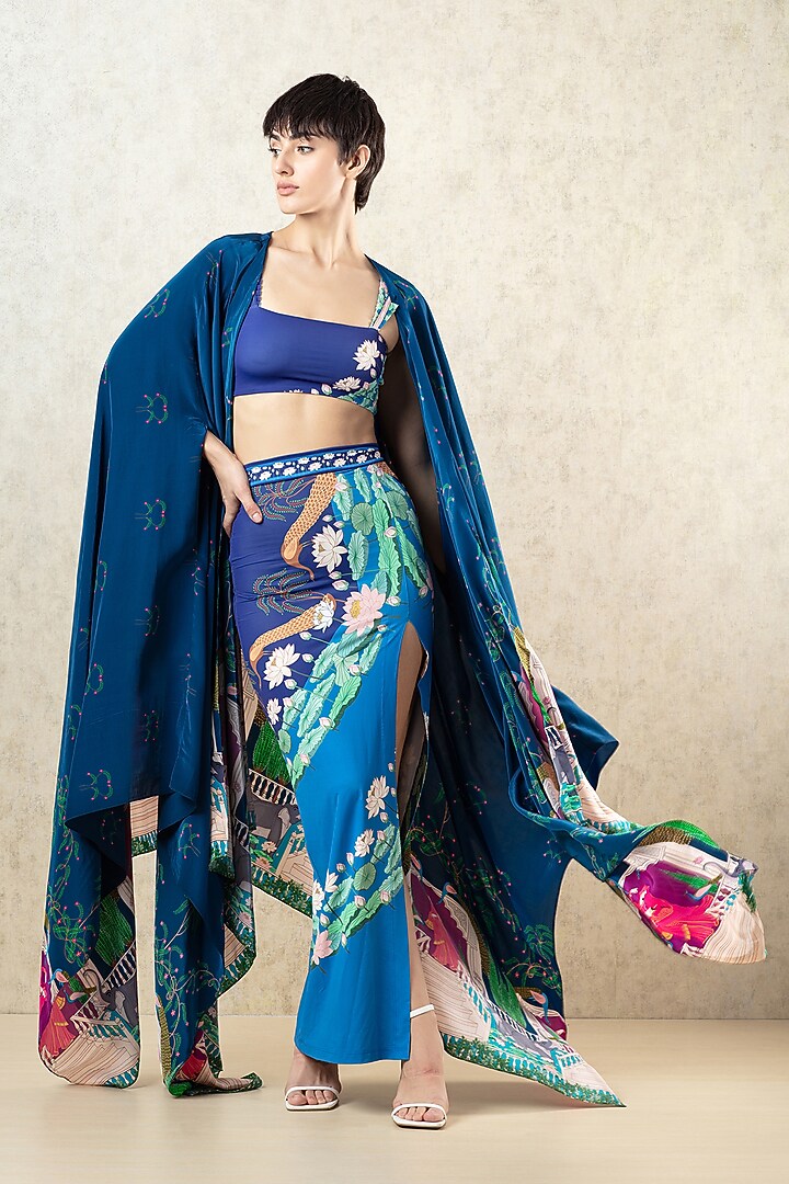 Midnight Blue Polyester & Spandex Printed Swim Skirt by Limerick By Abirr N' Nanki at Pernia's Pop Up Shop