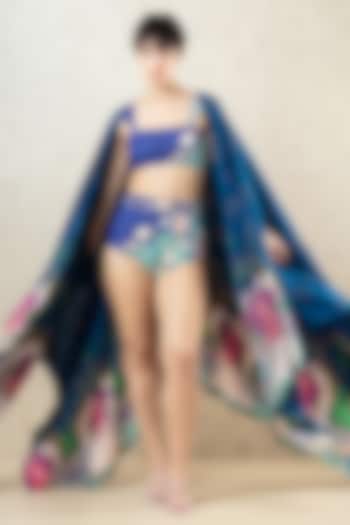 Midnight Blue Crepe Kangra Miniature Printed Cape by Limerick By Abirr N' Nanki at Pernia's Pop Up Shop