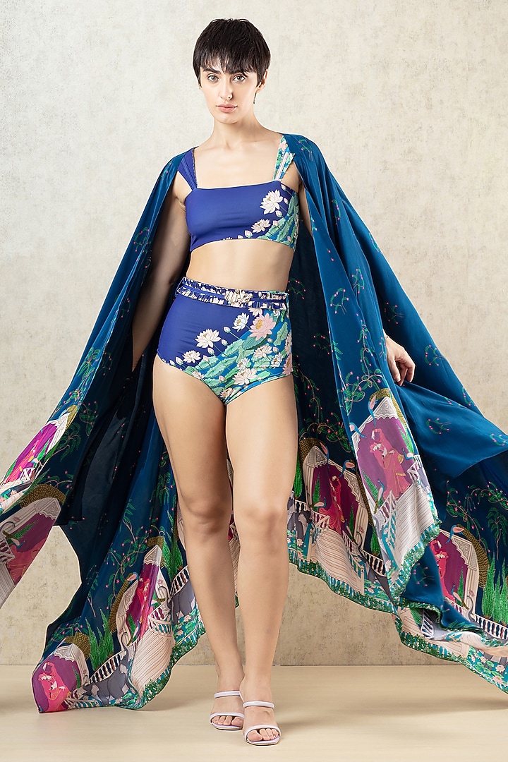 Midnight Blue Crepe Kangra Miniature Printed Cape by Limerick By Abirr N' Nanki at Pernia's Pop Up Shop