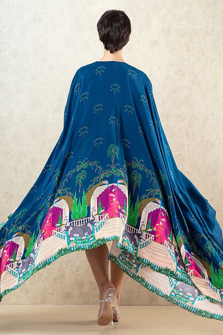 Midnight Blue Crepe Kangra Miniature Printed Cape by Limerick By Abirr N' Nanki at Pernia's Pop Up Shop