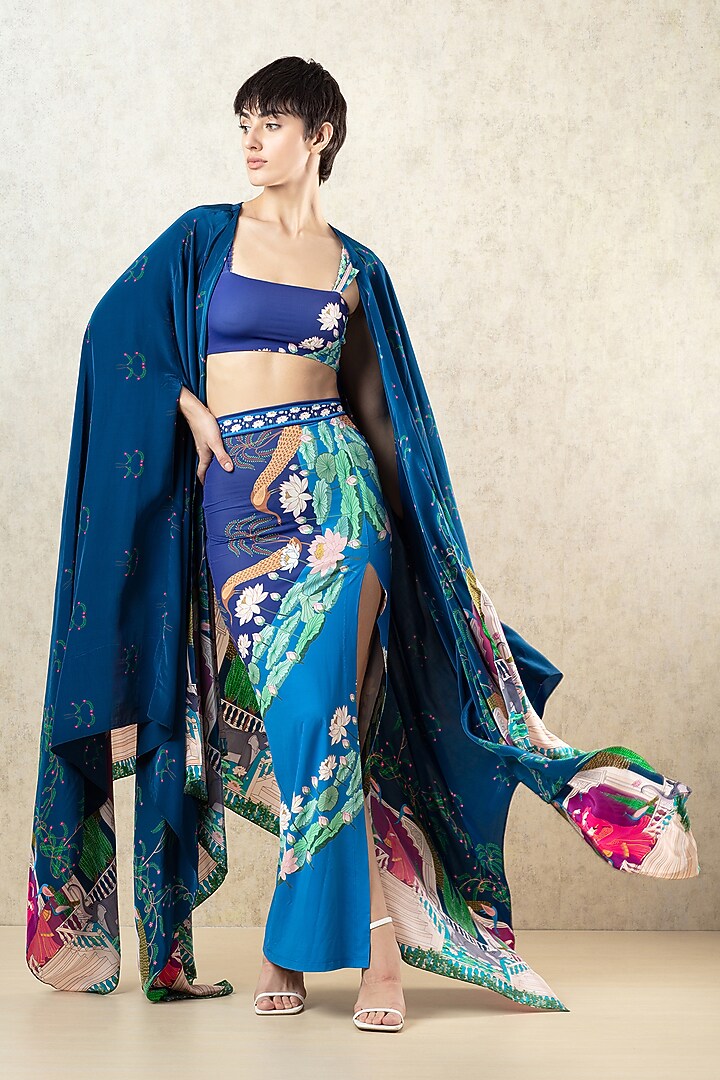 Midnight Blue Crepe Kangra Miniature Printed Cape by Limerick By Abirr N' Nanki at Pernia's Pop Up Shop
