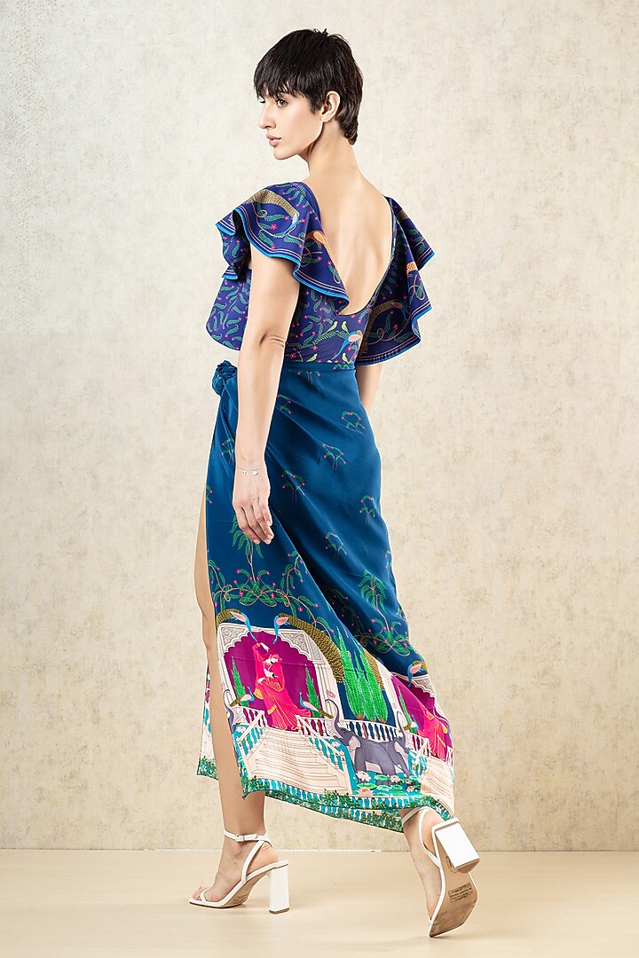 Midnight Blue Crepe Kangra Miniature Print Scarf by Limerick By Abirr N' Nanki at Pernia's Pop Up Shop
