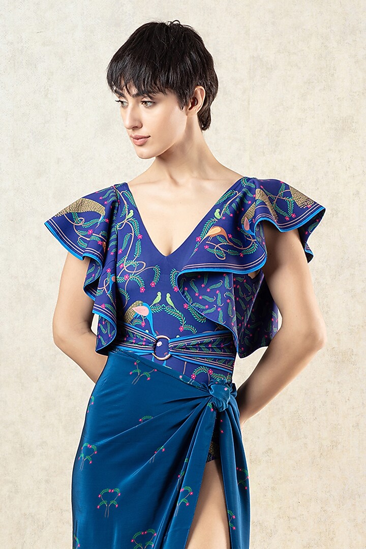 Midnight Blue Crepe Kangra Miniature Print Scarf by Limerick By Abirr N' Nanki at Pernia's Pop Up Shop