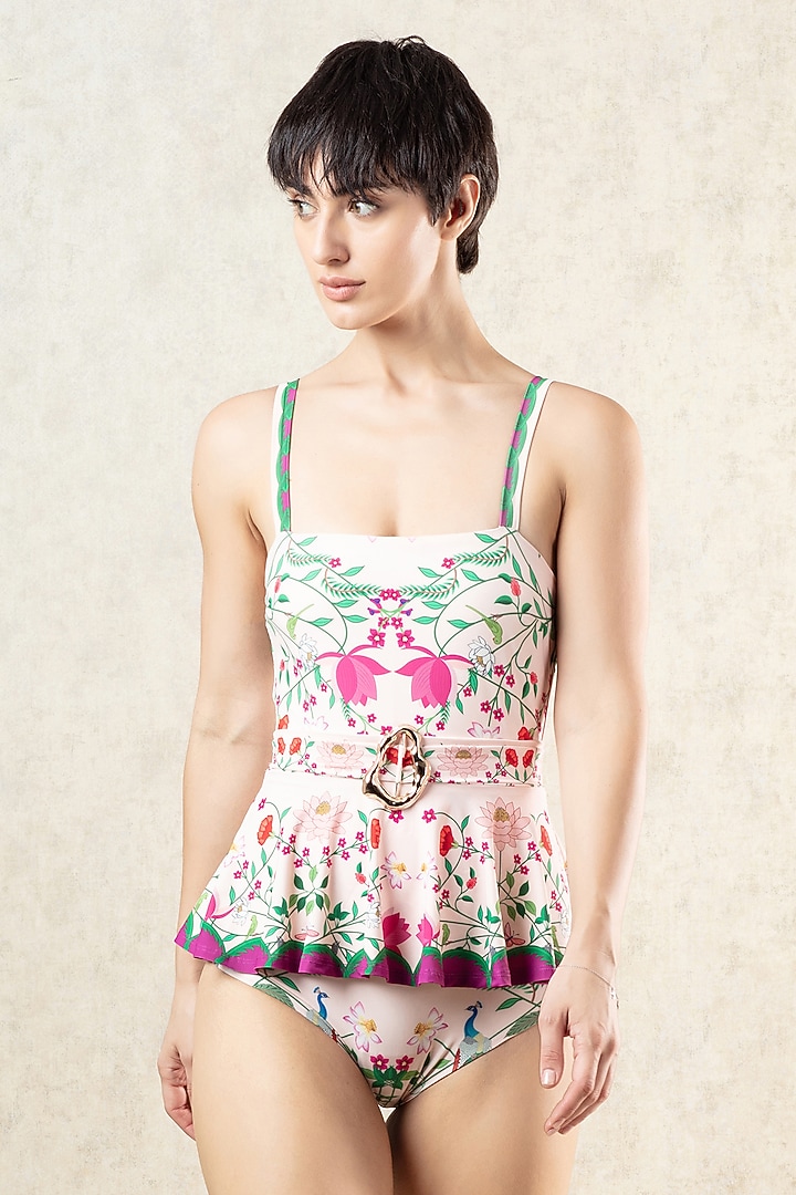 Blush Pink Spandex Printed Monokini & Skirt by Limerick By Abirr N' Nanki at Pernia's Pop Up Shop