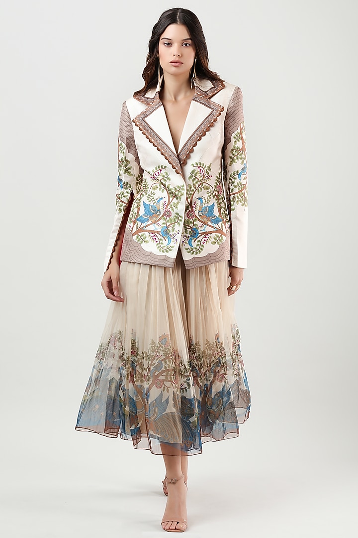 Multi-Colored Scallop Textured Satin Printed & Embroidered Jacket by Limerick By Abirr N' Nanki at Pernia's Pop Up Shop