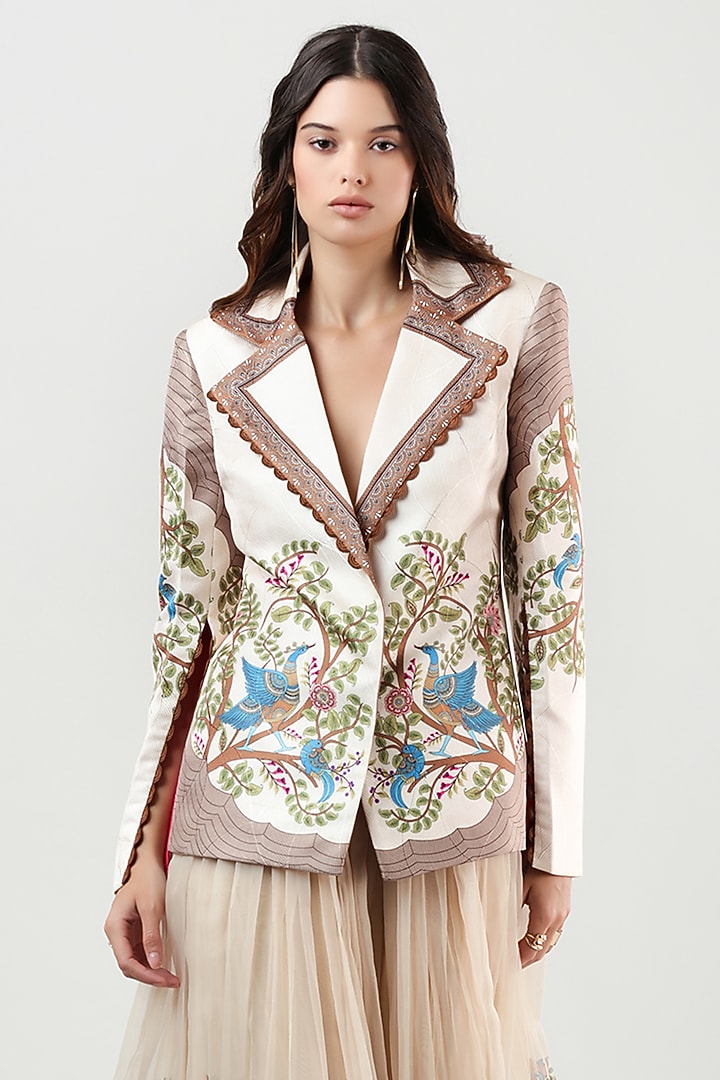 Multi-Colored Scallop Textured Satin Printed & Embroidered Jacket by Limerick By Abirr N' Nanki at Pernia's Pop Up Shop
