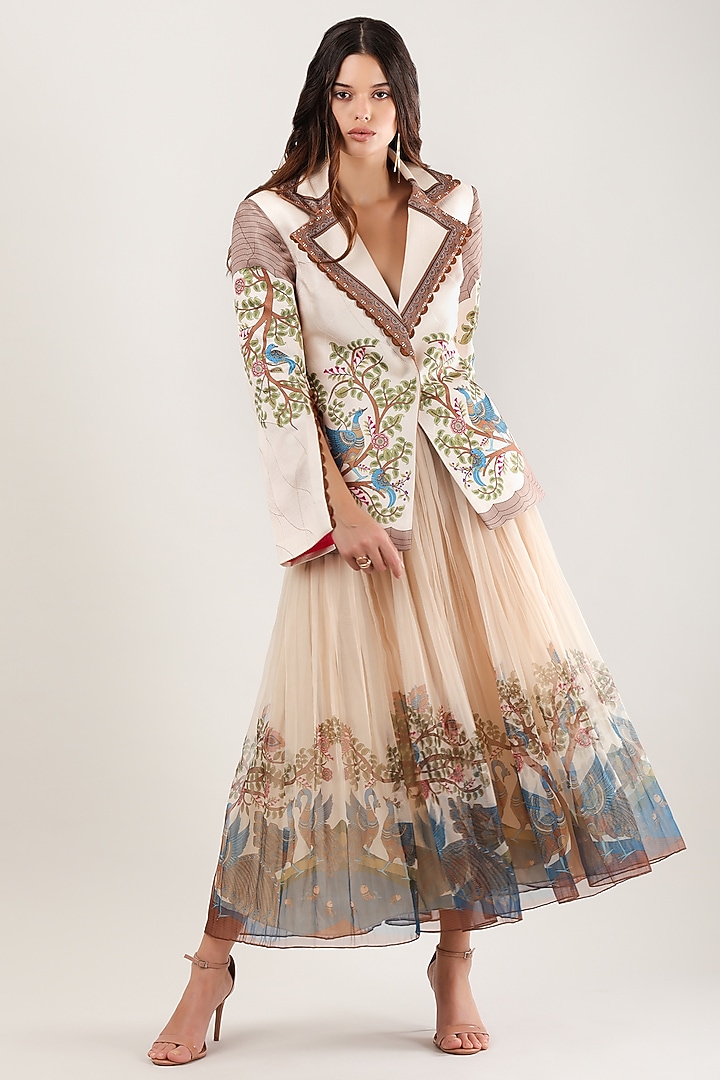 Multi-Colored Scallop Textured Satin Printed & Embroidered Jacket by Limerick By Abirr N' Nanki at Pernia's Pop Up Shop