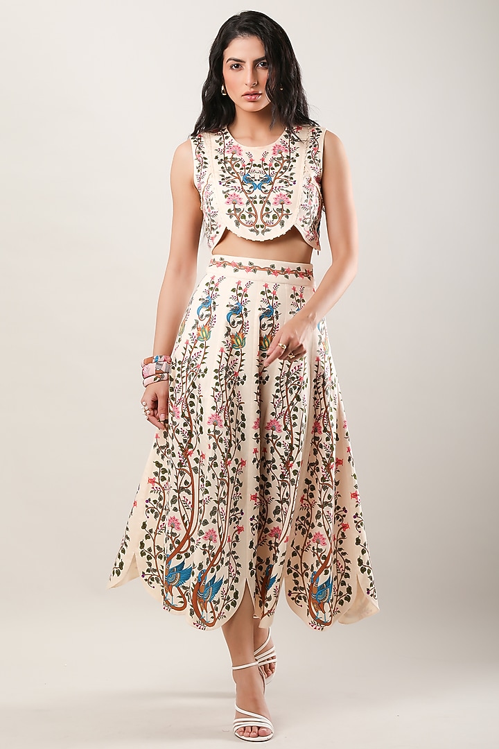 Multi-Colored Cotton Satin Embroidered & Printed Midi Skirt by Limerick By Abirr N' Nanki at Pernia's Pop Up Shop