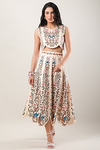 Multi-Colored Cotton Satin Embroidered & Printed Midi Skirt by Limerick By Abirr N' Nanki