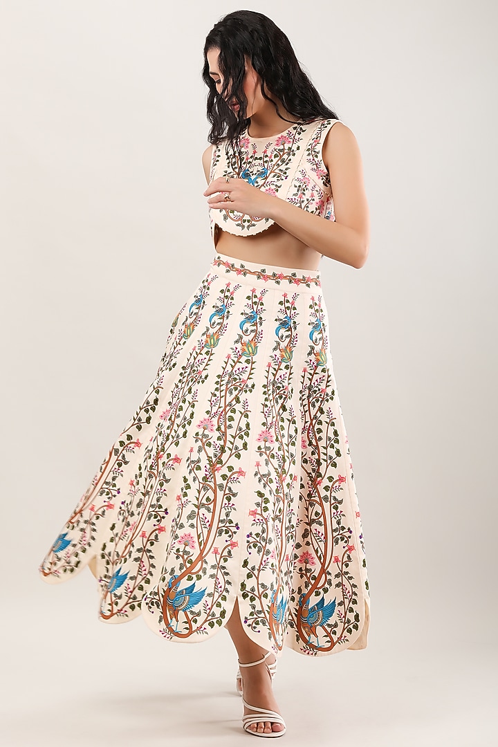 Multi-Colored Cotton Satin Embroidered & Printed Midi Skirt by Limerick By Abirr N' Nanki at Pernia's Pop Up Shop