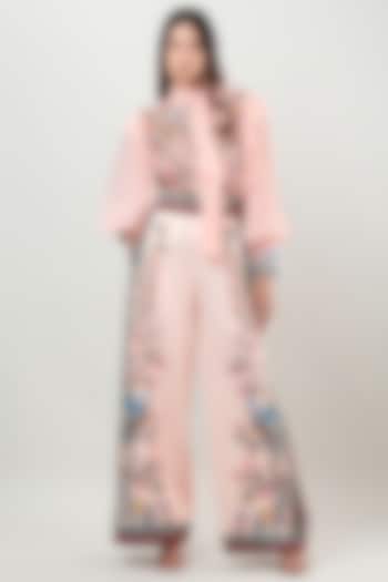 Blush Pink Striped Organza Printed Ruffled Shirt by Limerick By Abirr N' Nanki at Pernia's Pop Up Shop