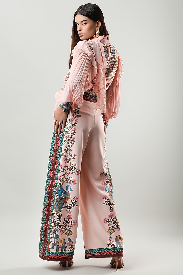 Blush Pink Striped Organza Printed Ruffled Shirt by Limerick By Abirr N' Nanki at Pernia's Pop Up Shop